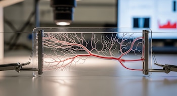 Dispositivo rectangular transparente con estructura interna ramificada de color rojo, sujeta por dos abrazaderas metálicas, bajo una lente de microscopio.