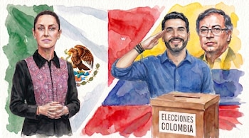Ilustración de Claudia Sheinbaum, un hombre saluda, Gustavo Petro, bandera mexicana, bandera colombiana y urna electoral de Colombia.
