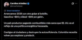 Carolina Arbeláez sobre el alza a los precios del combustible - Crédito captura de Pantalla / X