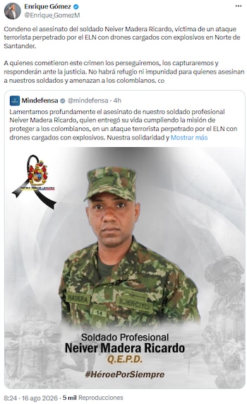 Enrique Gómez advierte que no habrá impunidad por atentado del ELN en Norte de Santander - crédito @Enrique_GomezM/X