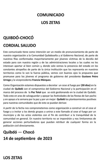 Comunicado de Los Zetas con respecto al cese al fuego en Quibdó