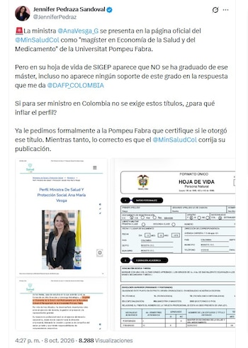 Jennifer Pedraza puso nuevamente bajo la lupa la formación académica de un alto funcionario del Gobierno; esta vez cuestionó a la ministra de Salud, Ana María Vesga - crédito @JenniferPedraz/X