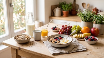 Tazón con yogur y frutas, tazón de cereal, botella de leche, vaso de jugo y frutas varias sobre una mesa de madera cerca de una ventana.
