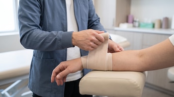 Las manos de una persona con chaqueta médica azul colocan una venda elástica beige en el antebrazo de otra persona sobre un soporte acolchado.