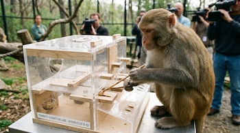 Primer plano de un macaco rhesus manipulando un aparato de estudio con un palo. Al fondo, personas observan y graban. El dispositivo es de acrílico y madera.
