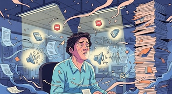 Ilustración de un hombre fatigado en una oficina, con los ojos cerrados, rodeado de papeles volando, íconos de notificación, altavoces y una gran pila de documentos a su lado.