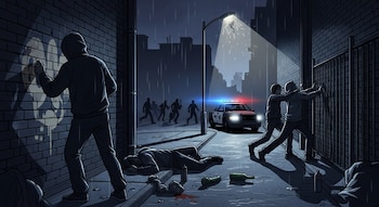 Ilustración de una calle oscura y lluviosa con grafitis, un cuerpo en el suelo, un arresto, un coche de policía y personas huyendo en la distancia.