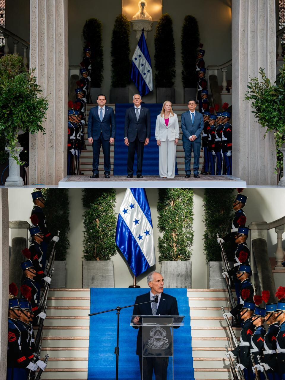 El presidente Nasry Asfura encabezó el acto cívico realizado en Casa de Gobierno.(FOTO: Casa Presidencial)