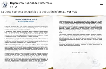 El comunicado de la CSJ calificó los ataques como una afrenta al sistema democrático y la integridad institucional en Guatemala. (Cortesía: Corte Suprema de Justicia)