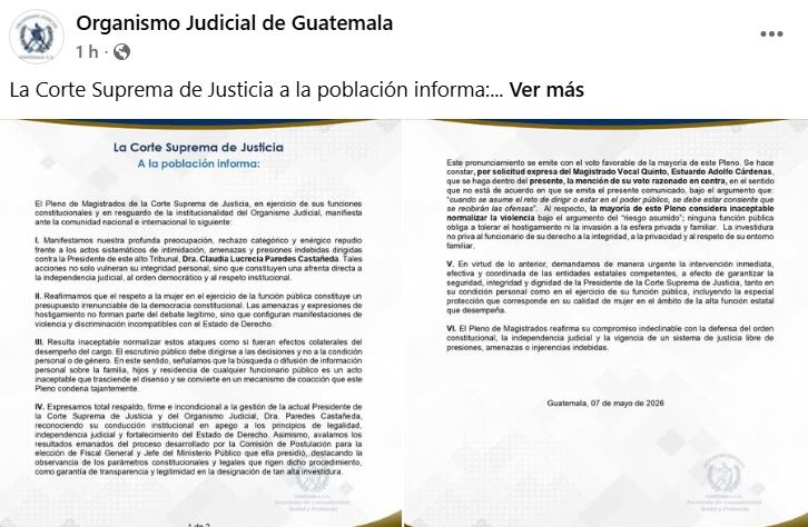 El comunicado de la CSJ calificó los ataques como una afrenta al sistema democrático y la integridad institucional en Guatemala. (Cortesía: Corte Suprema de Justicia)