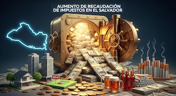 Mapa de El Salvador, caja fuerte abierta con dinero, edificios, casa con cartel de vendido, billetes de dólar, monedas, cigarrillos, botellas y jarras de cerveza.