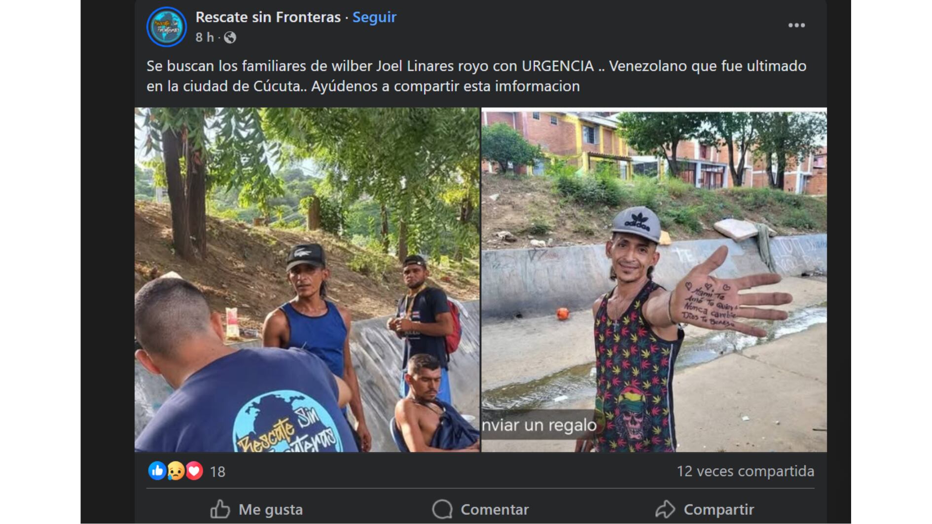 Con este mensaje buscan dar con sus familiares para que reclamen el cuerpo - crédito Rescate sin Fronteras/Facebook