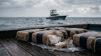Paquetes envueltos en arpillera y cinta negra con sustancia blanca sobre una cubierta de madera, frente a un barco en el mar.