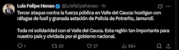 El exministro denunció hostigamientos armados contra una estación de Policía en Jamundí y cuestionó la atención estatal en la región - crédito Luis Felipe Henao/X