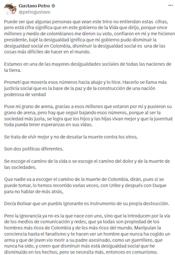 El mandatario afirmó que la reducción de la desigualdad es uno de los principales logros de su gobierno y la relacionó con la construcción de una sociedad más justa. - crédito @petrogustavo/X