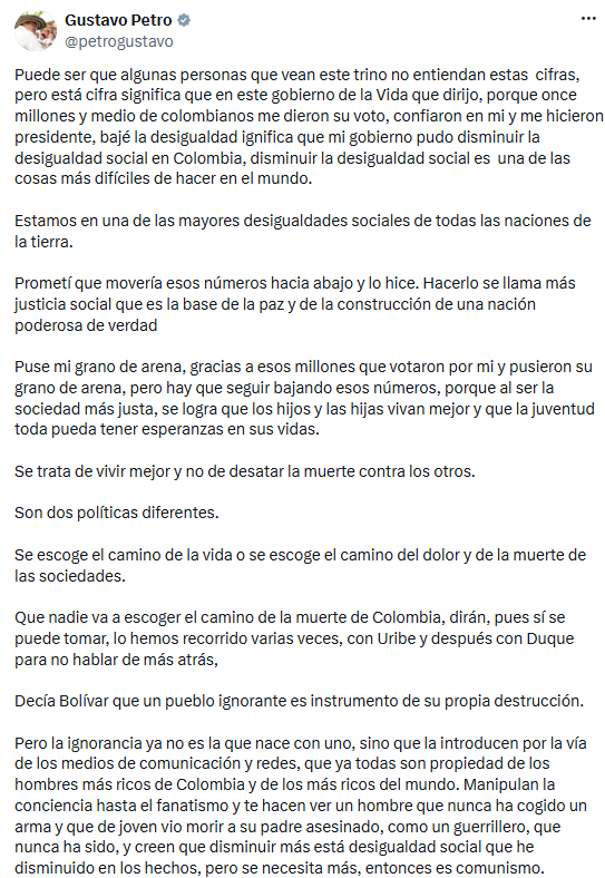 El mandatario afirmó que la reducción de la desigualdad es uno de los principales logros de su gobierno y la relacionó con la construcción de una sociedad más justa. - crédito @petrogustavo/X