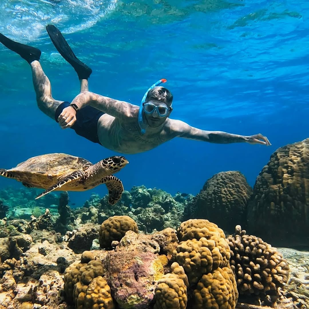 El futbolista practicó esnórquel bajo el agua junto a una tortuga marina, rodeado de corales y fauna marina