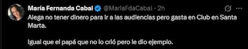 La senadora María Fernanda Cabal cuestionó el caso de Nicolás Petro en redes sociales, señalando contradicciones entre sus dificultades económicas y sus estadías en clubes militares del Caribe - crédito María Fernanda Cabal/X