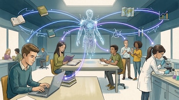 Caricatura de aula universitaria con estudiantes, microscopio, libros, mapas, gráficos y una figura de inteligencia artificial conectada por luces.