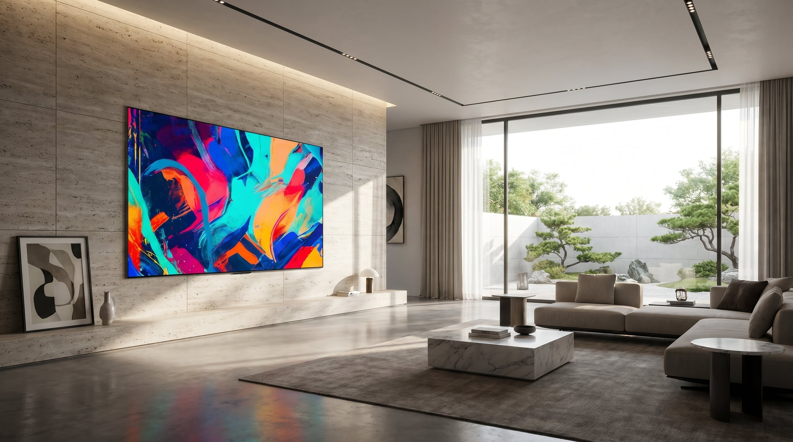 Una sala de estar moderna y minimalista presenta un televisor ultradelgado integrado en la pared, mostrando una vibrante pintura digital, mientras la luz natural inunda el espacio a través de grandes ventanales. (Imagen Ilustrativa Infobae)