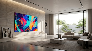 Sala de estar moderna con televisor grande en pared de piedra caliza, mostrando arte abstracto colorido. Sofá beige y mesa de mármol. Grandes ventanales dan a un jardín.