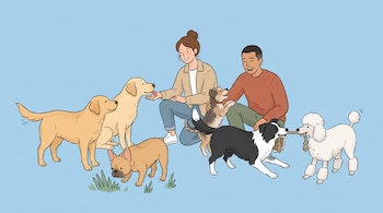Una mujer, un hombre, dos labradores dorados, un bulldog francés, un perro mestizo, un border collie y un caniche blanco interactuando sobre un fondo azul claro.