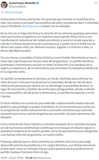 Mensaje en el que Daniel Rojas llama a convocar una asamblea fundacional y a fortalecer la representación de las bases en la colectividad. - crédito @DanielRMed/X