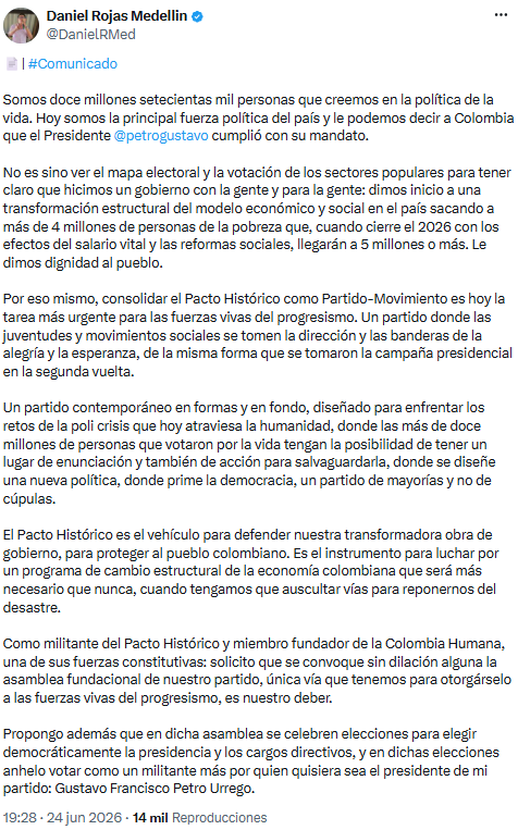Mensaje en el que Daniel Rojas llama a convocar una asamblea fundacional y a fortalecer la representación de las bases en la colectividad. - crédito @DanielRMed/X