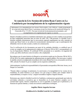 Comunicado oficial sobre cancelación de evento gratuito de Ryan Castro en el parque La Concordia - crédito Alcaldía Local La Candelaria