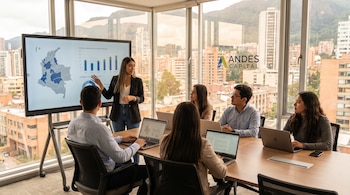 Seis personas en una reunión de negocios. Una mujer presenta datos en una pantalla a cinco asistentes sentados en una mesa con ordenadores portátiles.