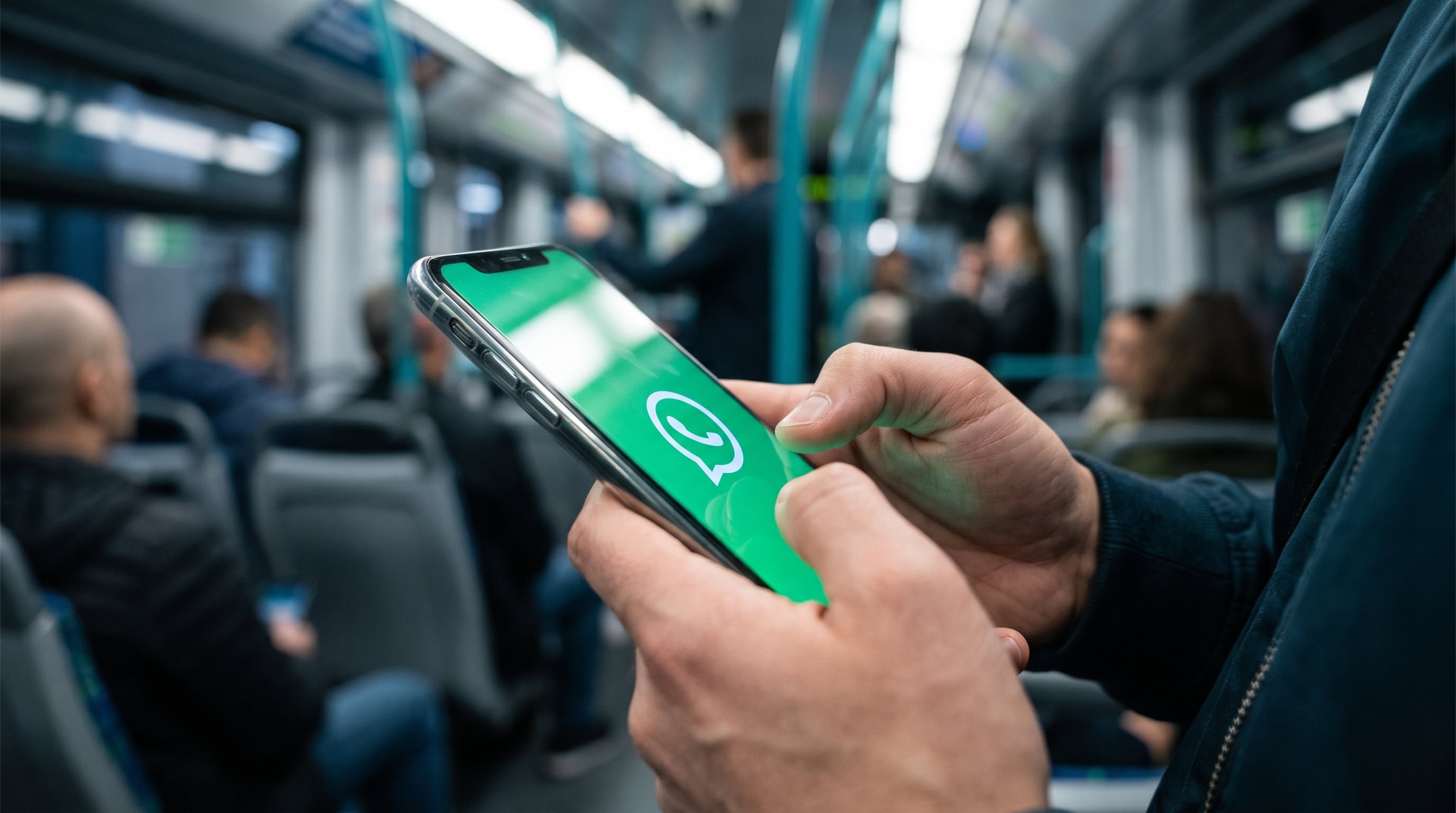 Un usuario sostiene un teléfono inteligente con el logotipo de WhatsApp en la pantalla dentro de un vagón de transporte público. (Imagen Ilustrativa Infobae)