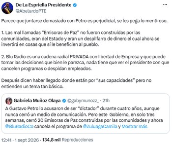 Una cuenta asociada a De la Espriella rechazó los señalamientos de Gabriela Muñoz - crédito @AbelardoPTE/X