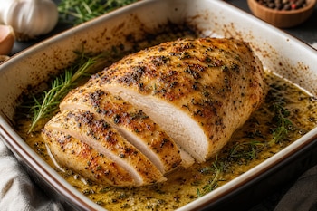 Pechuga de pollo asada y rebanada dentro de una fuente para horno, acompañada de ramas de romero, tomillo y jugo de cocción.