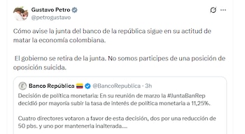 El presidente Gustavo Petro respaldó la decisión del ministro de Hacienda de retirarse de la reunión que se realizó con la junta directiva del Banco de la República - crédito @petrogustavo/X