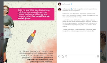 Mafe Carrascal cuestionó cómo los algoritmos pueden conectar contenidos aparentemente inocentes con discursos más amplios sobre familia, género y participación política - crédito @mafecarrascalr/Instagram