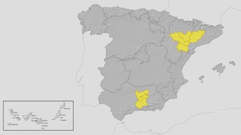 Mapa de alertas meteorológicas por calor y tormentas para este martes, 16 de junio de 2026. (Aemet)