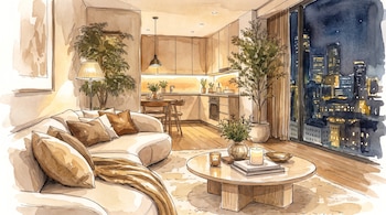 Interior de apartamento con sala, sofá, mesa de centro, plantas, cocina, mesa de comedor y ventanal con vista a una ciudad nocturna. Ilustración en acuarela.