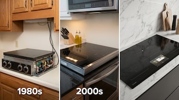 Imagen que muestra tres generaciones de placas de inducción: una antigua con componentes expuestos, una intermedia con controles integrados y una moderna con pantalla táctil.
