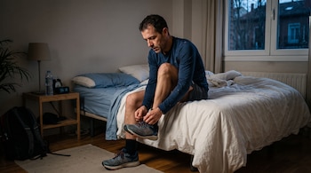 Un hombre sentado en el borde de una cama se ata los cordones de sus zapatillas deportivas en una habitación iluminada por el amanecer.