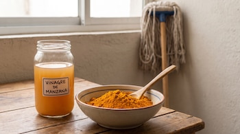 Frasco de vinagre de manzana, cuenco con cúrcuma y cuchara de madera en mesa. Trapeador y ventana en el fondo.