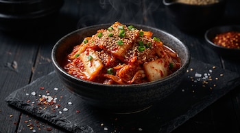 Un cuenco de cerámica con kimchi rojo cubierto con sésamo y cebollín, dispuesto sobre una tabla de pizarra negra.