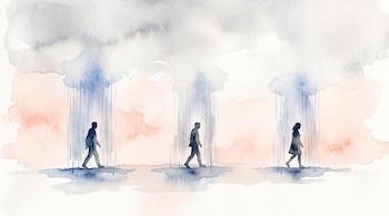 Ilustración en acuarela de tres siluetas humanas que caminan bajo nubes individuales de lluvia.