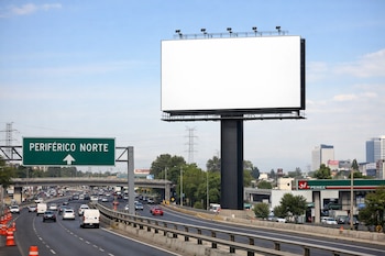 Valla publicitaria en blanco de gran tamaño sobre un poste negro junto a la autopista Periférico Norte con tráfico, una gasolinera Pemex y edificios al fondo.