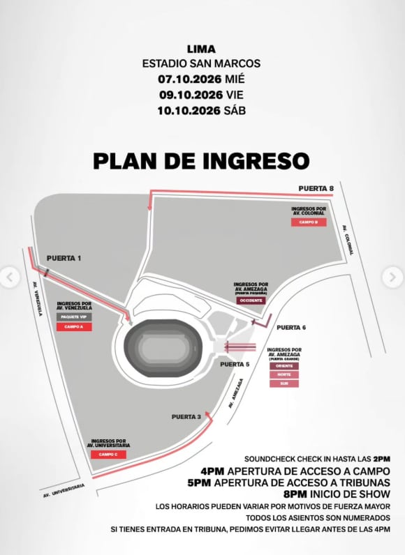 Plan de ingreso para el concierto de BTS en San Marcos