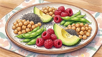 Un plato blanco contiene garbanzos, semillas de chía negra, vainas de edamame, frambuesas rojas y trozos de palta verde sobre un mantel y una mesa de madera.