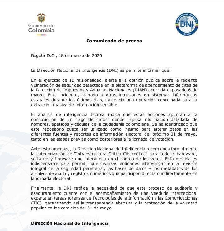 La DNI sugiere que la vigilancia internacional especializada en forense tecnológica es esencial para garantizar la transparencia del proceso electoral colombiano - crédito DNI/@ricarospina/X