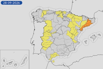 Mapa de alertas meteorológicas para este lunes, 28 de septiembre de 2026. (Aemet)