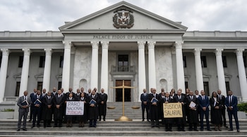 Grupo de jueces y empleados judiciales con togas y trajes oscuros, con pancartas y una balanza dorada, frente al Palacio de Justicia de la República Dominicana.