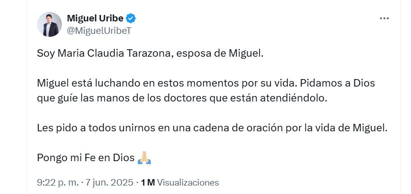 La esposa del senador escribió desde la cuenta de X de su pareja - crédito @MiguelUribeT/X
