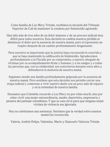Valeria, Andrés Felipe, Valentina, Mario y Giancarlo Valencia Tristán agradecieron el acompañamiento recibido durante el proceso judicial. - crédito @valeriatristanv/Instagram